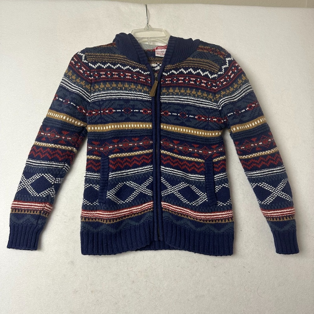 Hanna Andersson Boys Fair Isle Full Zip Hooded Sweater Navy Blue Red Size 130 8